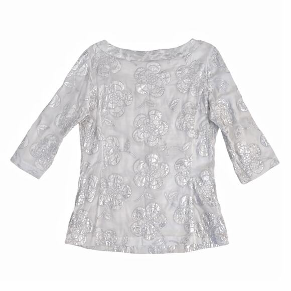 TORY BURCH White Cotton Tunic Metallic Silver Floral Embroidery Top Size L Clean - Picture 7 of 9